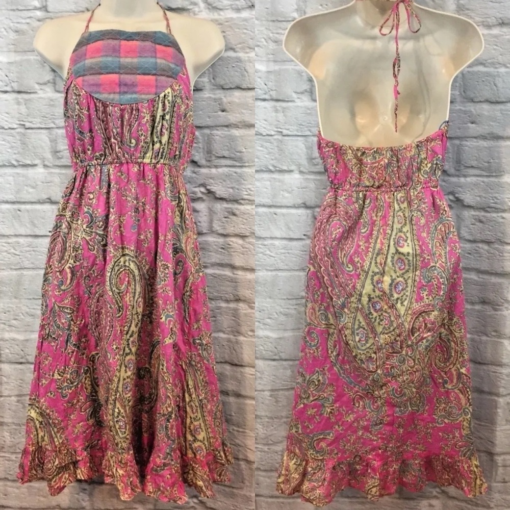 Tova Celine Women's Medium Pink Paisley Halter Open Back Cotton Dress